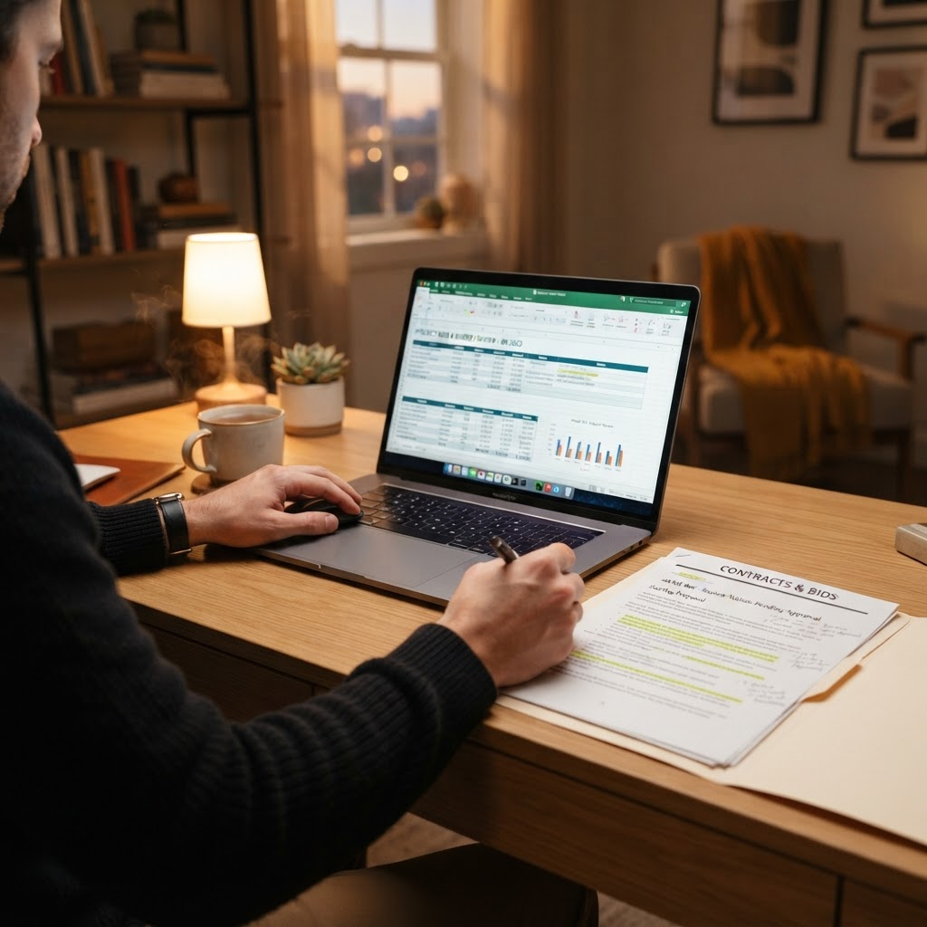 Person reviewing bids on a laptop at home
