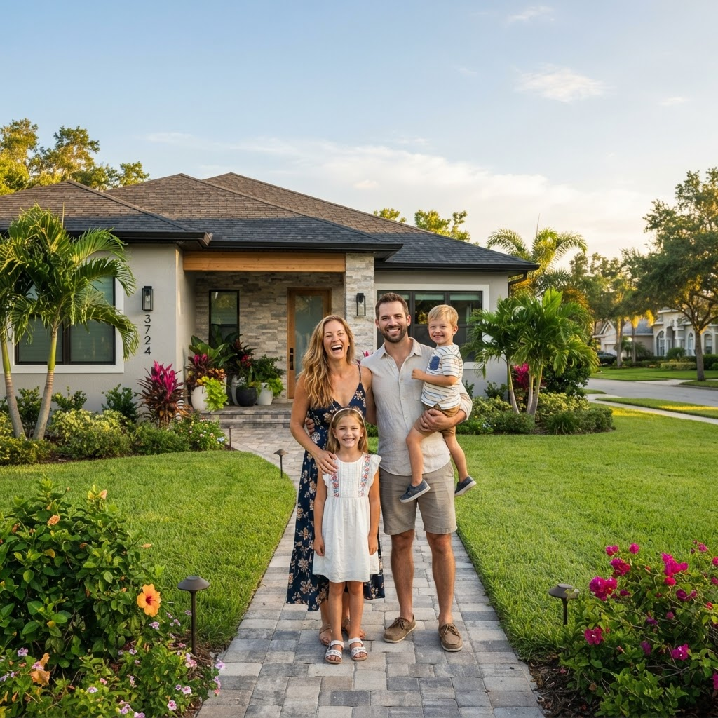 Happy family in front of their renovated Florida home