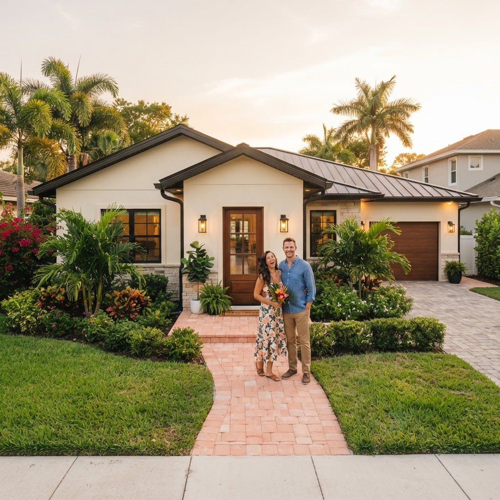 Happy Florida homeowners in front of their beautifully renovated home