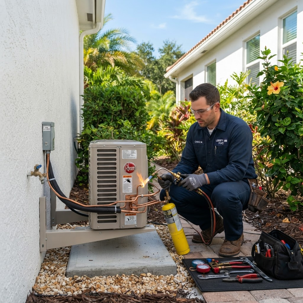 HVAC contractor installing an air conditioning unit on a Florida home