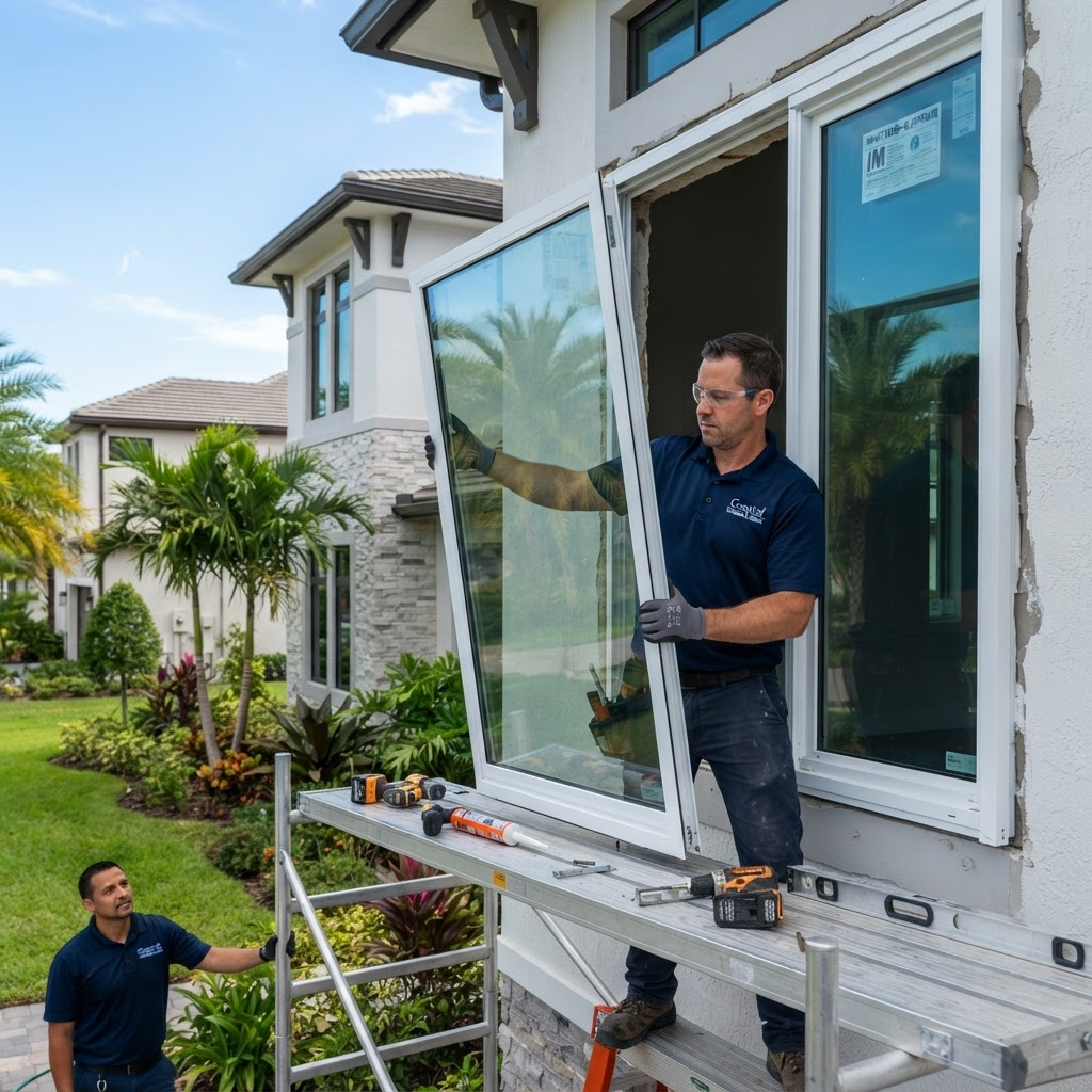 Impact window installation — contractors working without knowing homeowner identity