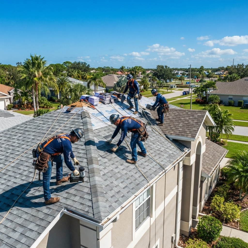 Professional roofing crew installing tiles on a Florida home